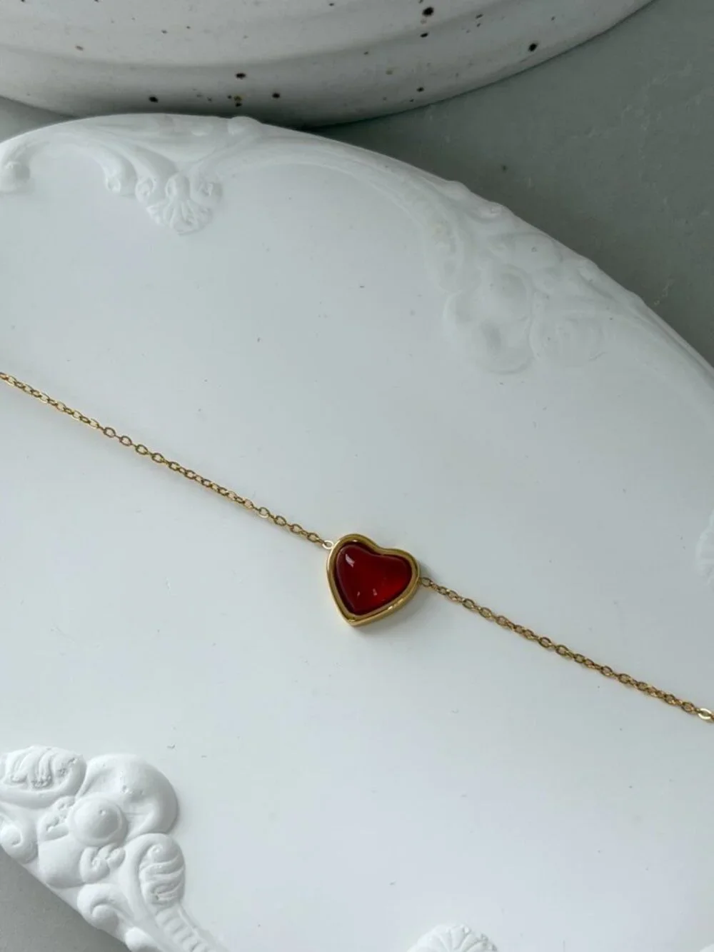 0629 Gold chain bracelet red burgundy stone pendant heart love Stainless steel